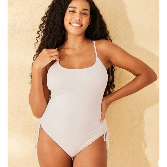 NWT Shade & Shore Swimsuit Womens Sz XL (16) White One Piece Ribbed Drawstring - Picture 4 of 15